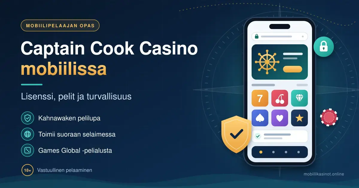 Tummansininen kuvitus, jossa älypuhelimen selaimessa näkyy kasinosivu peliruutuineen, kultainen suojakilpi ja lukkokuvake sekä teksti "Captain Cook Casino mobiilissa – Lisenssi, pelit ja turvallisuus".