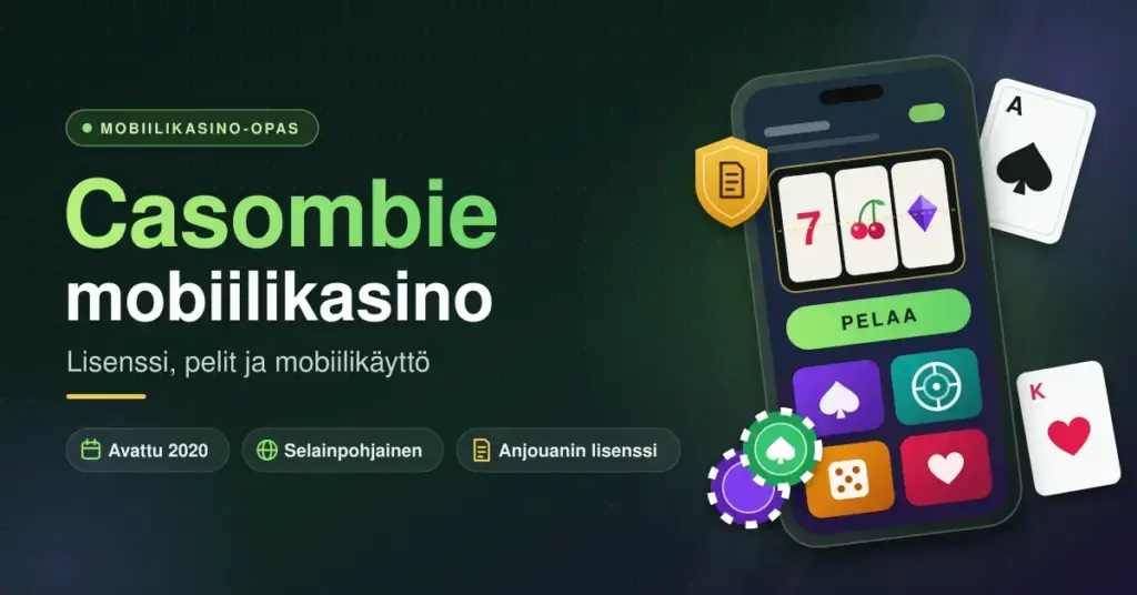 Kuvituskuvassa on teksti "Casombie mobiilikasino – Lisenssi, pelit ja mobiilikäyttö" sekä älypuhelin, jonka näytöllä on kolikkopeli ja pelikuvakkeita, ja sen ympärillä pelimerkkejä, pelikortteja ja lisenssiä kuvaava kilpi.