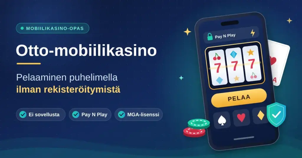 Kuvituskuva, jossa älypuhelimen näytöllä on kolikkopeli ja Pelaa-painike sekä teksti "Otto-mobiilikasino – pelaaminen puhelimella ilman rekisteröitymistä" ja tunnisteet Ei sovellusta, Pay N Play ja MGA-lisenssi.