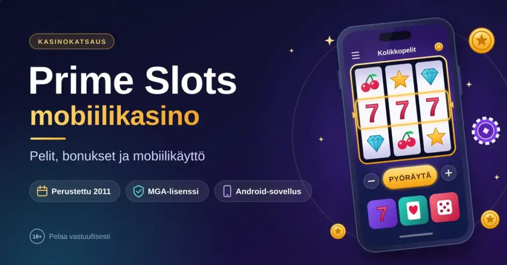 Tummanvioletti kuvituskuva, jossa lukee "Prime Slots mobiilikasino – pelit, bonukset ja mobiilikäyttö" sekä faktat perustamisvuodesta 2011, MGA-lisenssistä ja Android-sovelluksesta, ja oikealla puolella on älypuhelin, jonka näytöllä pyörii kolikkopeli kolmella seiskalla.