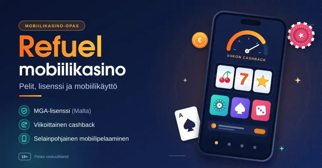 Kuvitus Refuel-mobiilikasinosta, jossa älypuhelimen näytöllä on kolikkopelin rullat, pelikuvakkeita ja cashback-mittari sekä tekstit MGA-lisenssistä, viikoittaisesta cashbackista ja selainpohjaisesta mobiilipelaamisesta.