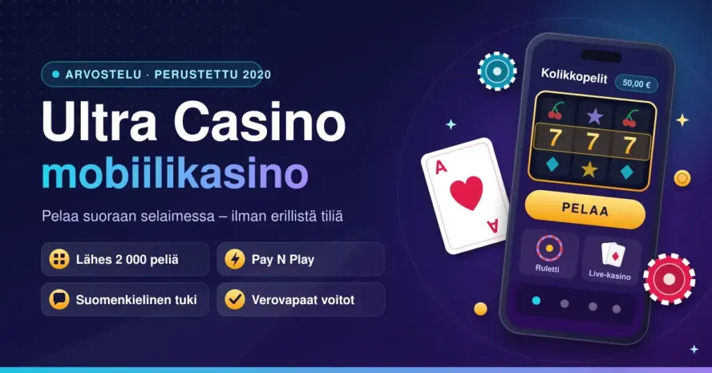 Ultra Casino mobiilikasino -kuvituskuva, jossa älypuhelimen näytöllä on kolikkopeli ja PELAA-painike, vieressä pelikortti ja pelimerkkejä sekä tekstit lähes 2 000 pelistä, Pay N Play -pelaamisesta, suomenkielisestä tuesta ja verovapaista voitoista.