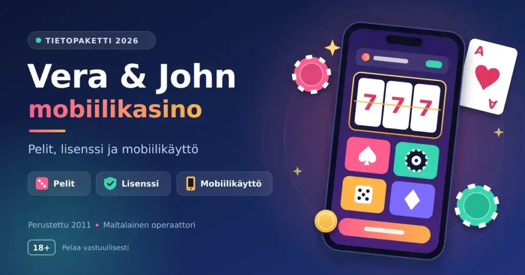 Kuvituskuva, jossa tummansinisellä taustalla lukee "Vera & John mobiilikasino – Pelit, lisenssi ja mobiilikäyttö" ja oikealla on älypuhelin, jonka näytöllä näkyy kolikkopeli ja pelikuvakkeita pelimerkkien ja pelikortin ympäröimänä.